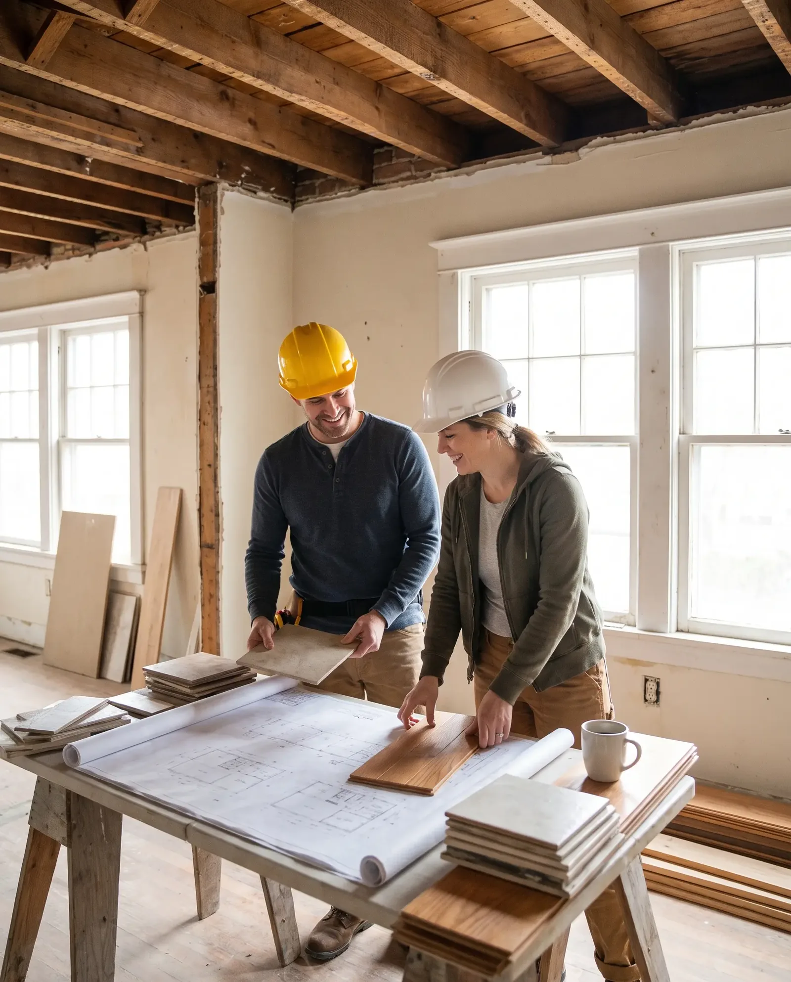 Contractors reviewing renovation plans